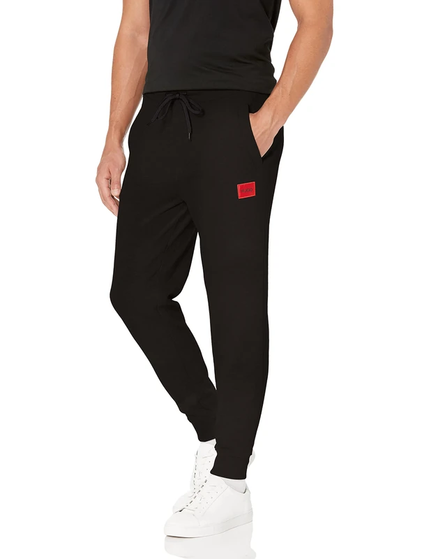 HUGO Men's Regular Fit Square Logo Jersey Drawstring Joggers Sweatpants, Raven Black, X-Large