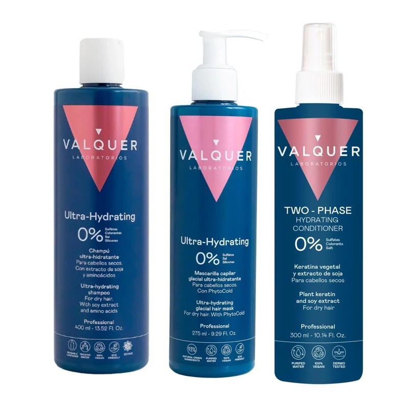 Valquer Professional Hair Pack for dry hair & hydration: Zero% Shampoo 400ml + Ice Effect Mask 100ml + Biphasic Conditioner 100ml (3 units)