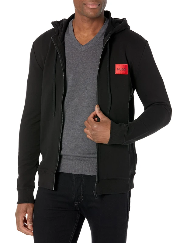 HUGO Men's Regular Fit Square Logo Jersey Zip Up Hoodie - Black