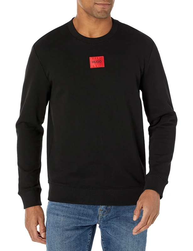 HUGO Men's Regular Fit Square Logo Jersey Sweatshirt Pullover Sweater, Raven Black, Medium