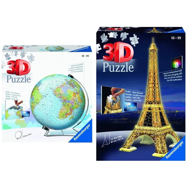 Ravensburger World Globe on a V-Stand 3D Jigsaw Puzzle & Eiffel Tower 3D Jigsaw Puzzle for Adults and Kids Age 10 Years Up - Night Edition with LED Lighting - 216 Pieces - No Glue Required