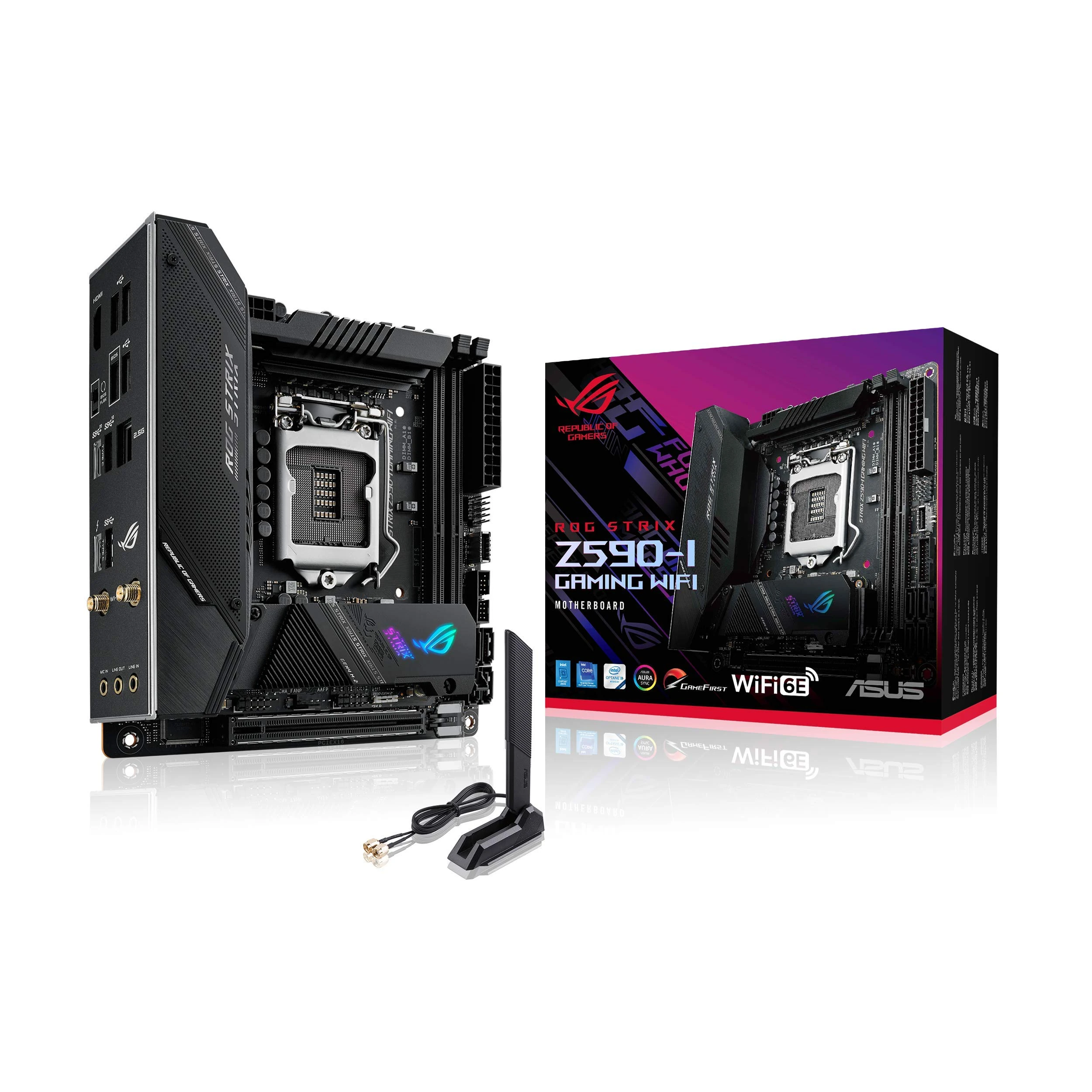 ROG Strix Z590-I Gaming WiFi 6E LGA 1200 (Intel® 11th/10th Gen) mini-ITX gaming motherboard (PCIe 4.0, 8+2 power stages,Thunderbolt 4 Onboard,2.5 Gb LAN, USB 3.2 Gen 2 front panel Type-C,2x M.2 slots)