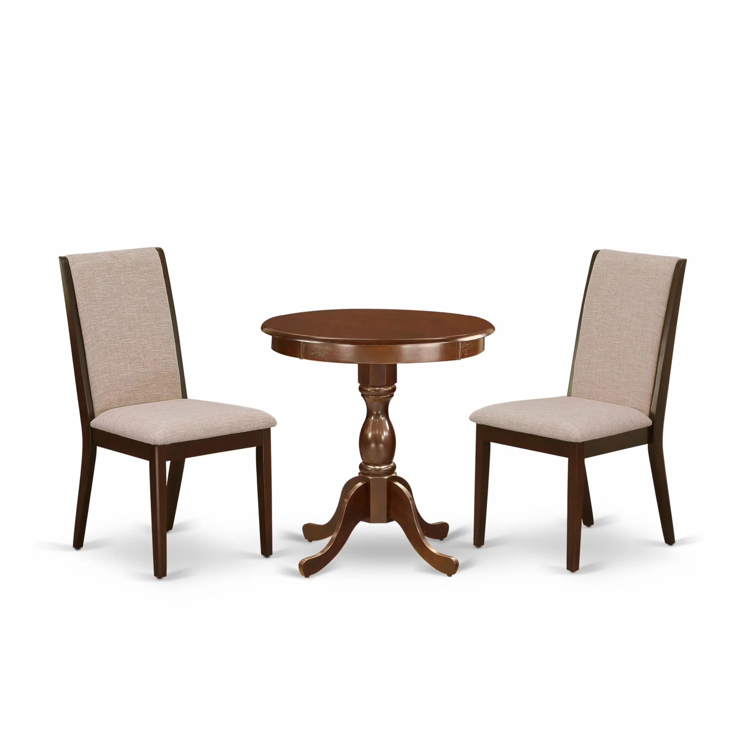 East West Furniture Eden 3 Piece Kitchen Set Contains a Round Dining Room Table with Pedestal and 2 Light Tan Linen Fabric Parsons Chairs, 30x30 Inch, Mahogany