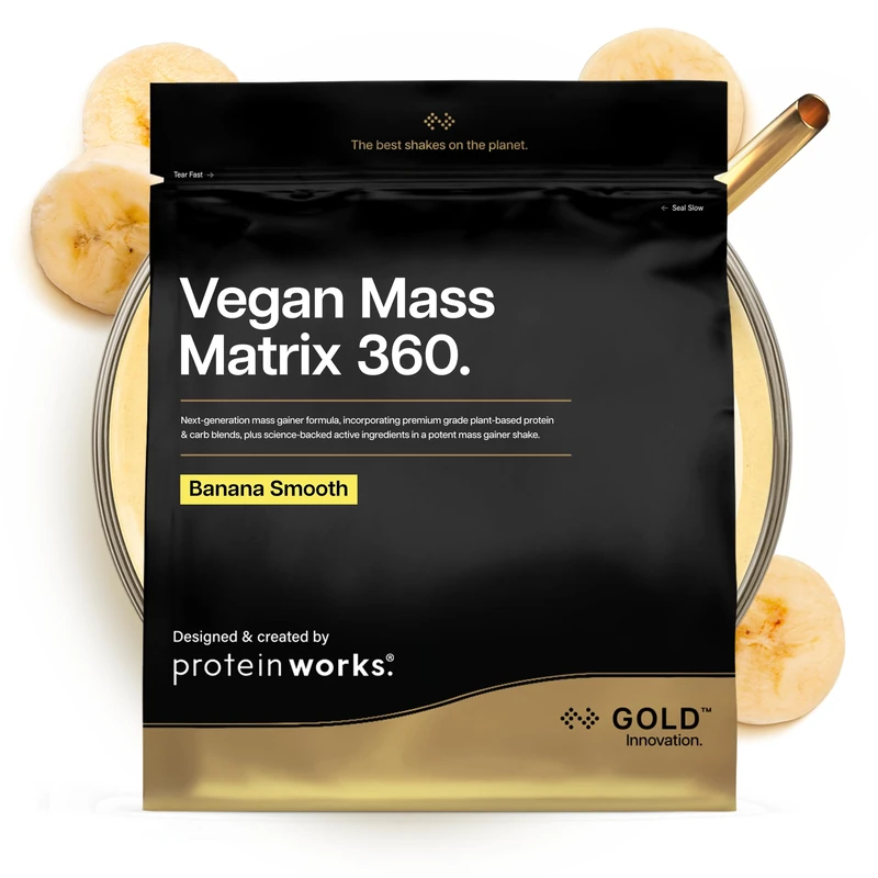 Protein Works | Vegan Mass Matrix 360 - Gold Innovation, Vegan Mass Gainer, Weight Gain Supplement, Tri Protein Blend, Amino Acids, Post Workout Protein Shake, Banana Smooth, 10 Servings, 2kg
