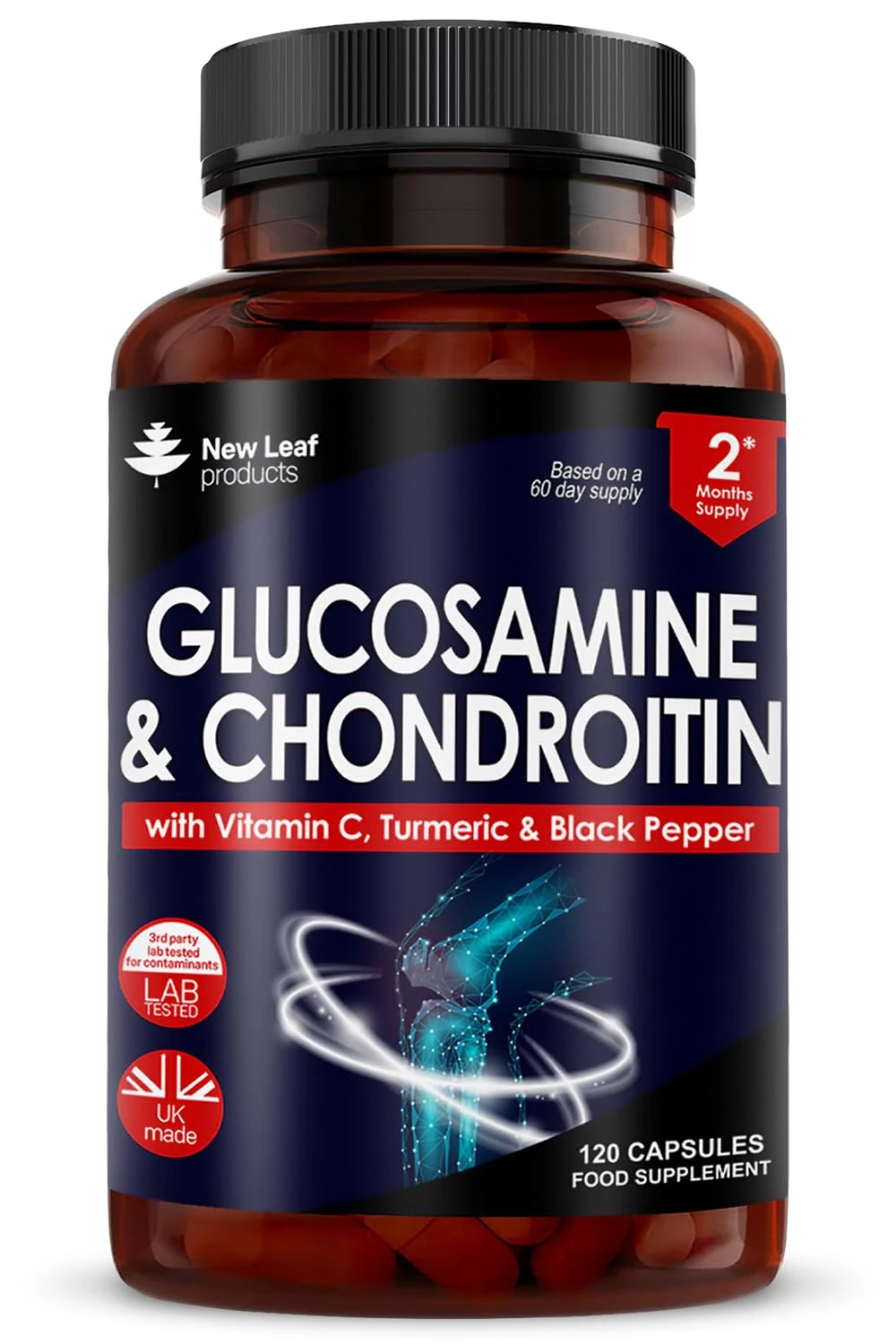 Glucosamine and Chondroitin High Strength - Enriched With Turmeric And Vitamin C - Glucosamine Sulphate Chondroitin Sulphate, Food Supplement - Contributes To The Normal Function of Bones 120 Capsules