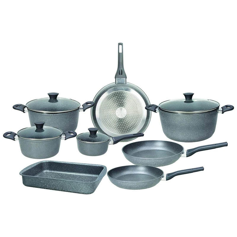 Tognana Phaetra Style Cookware and Pan Set with 3 Pans, 4 Saucepans, 4 Clear Lids, 1 Lasagnero, 12 Pieces, Aluminium, Grey