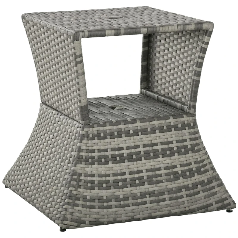 Outsunny Rattan Outdoor Coffee Table, Wicker Garden Patio Bistro Side Table with Umbrella Hole and Storage Space for Balcony, Porch, Grey