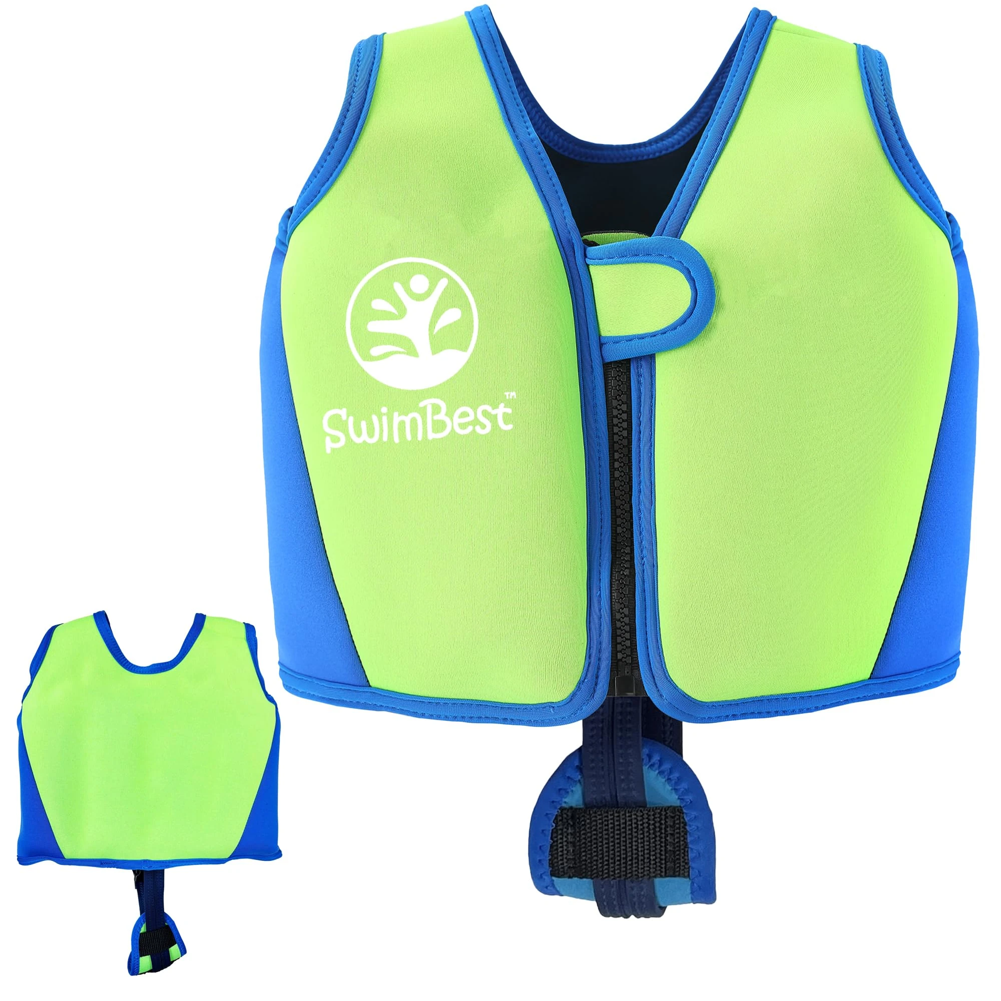 SwimBest Swim Vest - Swim Jacket/Buoyancy Aid with Safety Strap and Removeable Floats (Lime/Blue, S (Up to 3 Years/15-19kg))