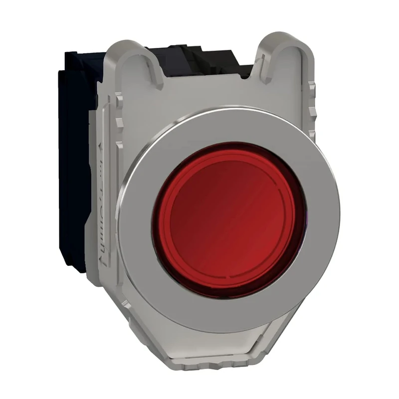 Schneider Electric Illuminated push button, Harmony XB4, metal, red flush mounted, 30mm, universal LED, plain lens, 1NO + 1NC, 24V AC DC