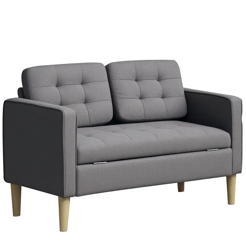HOMCOM Modern 2 Seater Sofa with Hidden Storage, 117cm Tufted Cotton Couch with Wood Legs, Compact Loveseat for Living Room, Kitchen, Grey