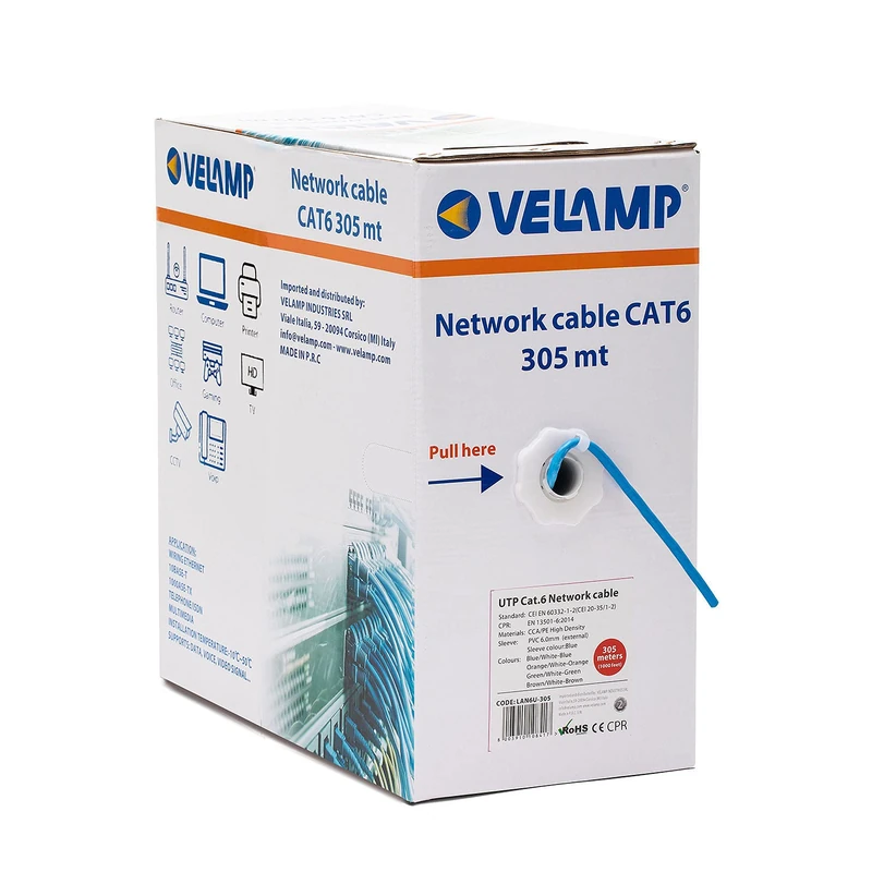 Velamp Ethernet Network Cable | CAT6, AWG24, CCA, UTP, RJ45 | Network Reel | Blue (305 Meters) | For Home and Office