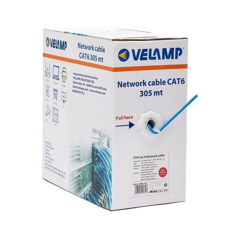 Velamp Ethernet Network Cable | CAT6, CCA, FTP, RJ45 | Network Reel | Blue (305 Meters) | For Home and Office