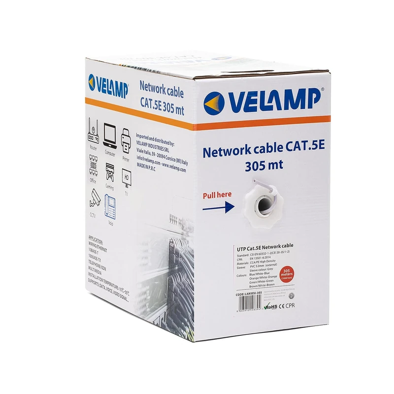Velamp Ethernet Network Cable | CAT5E, AWG24, CCA, UTP, RJ45 | Network Reel | Gray (305 Meters) | For Home and Office