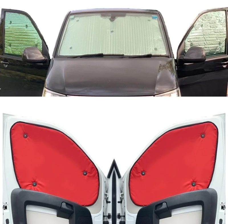 Thermal Blinds Compatible With VW Transporter T2 (Second Generation) (Years 1967-1979) (Front Set) With Backing Colour in Red, Reversible