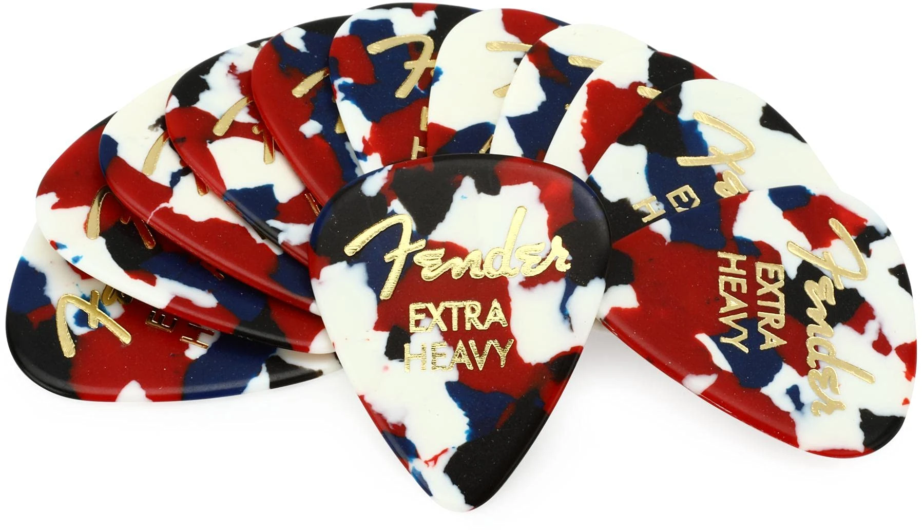 Fender® 351 Shape Classic Picks Confetti Celluloid Plectrums Shape 351 – Pack of 12 – Thickness: Extra Heavy – Colour: Confetti