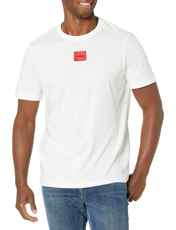 HUGO Men's Ribbed Crew Neck Regular Fit Center Logo T-Shirt, Chalk White, XXL