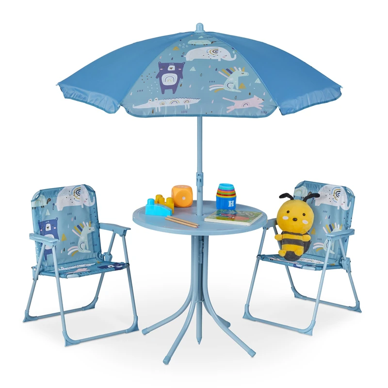 Relaxdays Children’s Camping Furniture Set with Parasol, Folding Chairs & Table, Kids’ Garden Ensemble, Animals, Blue
