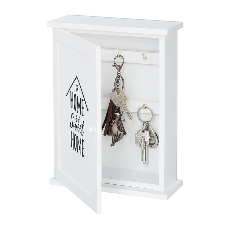 Relaxdays Wooden Key Cabinet, Home Sweet Home Motif, Country House Style, Hang Up, Key Case HxWxD 29 x 22 x 8 cm, White