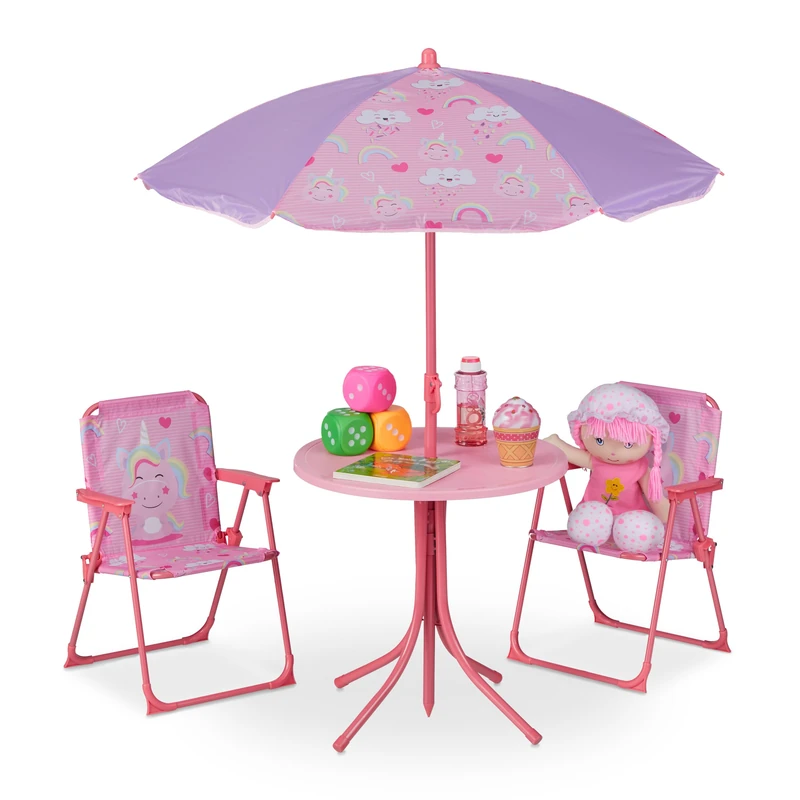 Relaxdays Children’s Camping Furniture Set with Parasol, Folding Chairs & Table, Kids’ Garden Ensemble, Unicorn, Pink