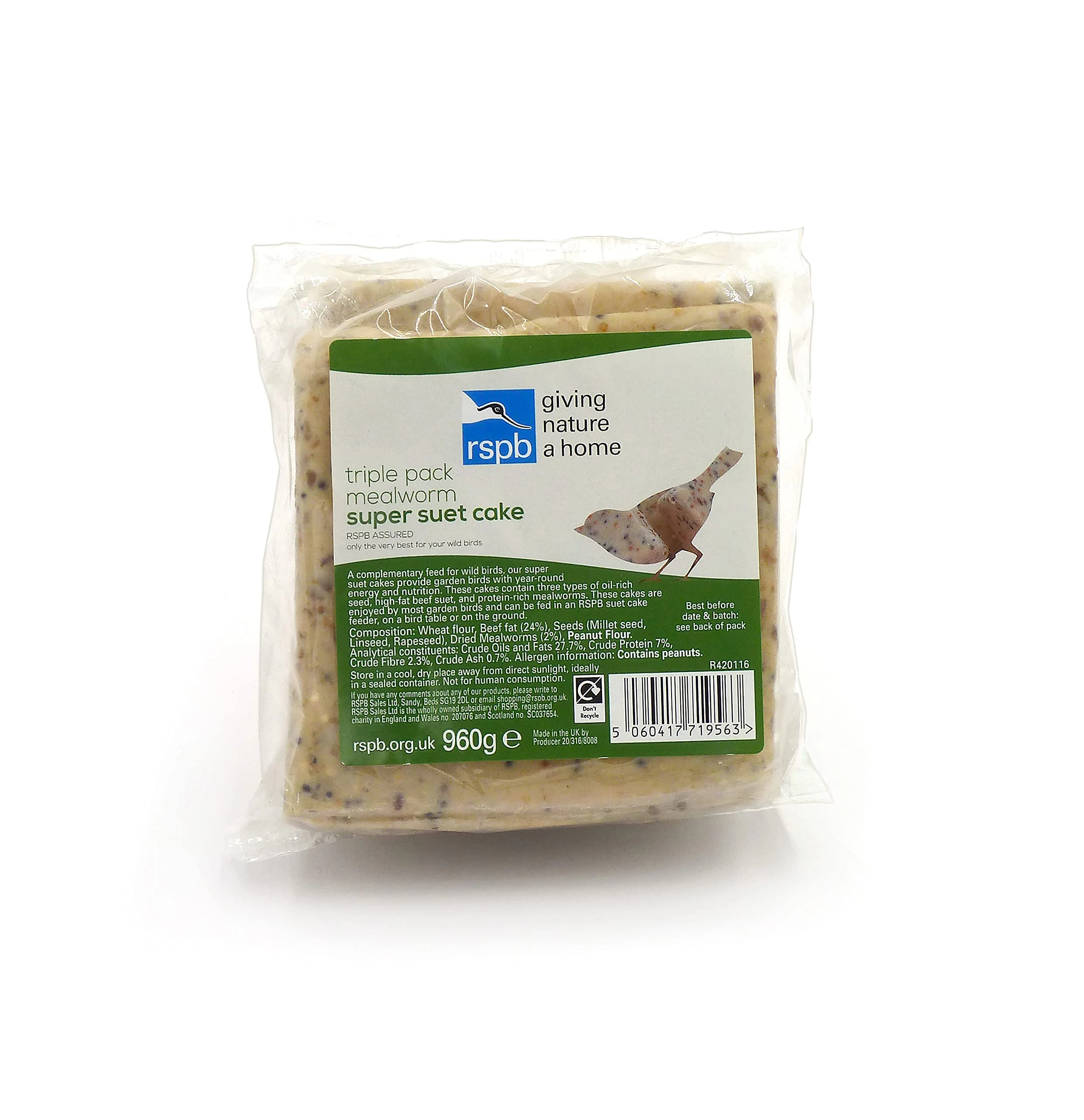 RSPB Super Suet Mealworm Cake 960g for Wild Garden Birds