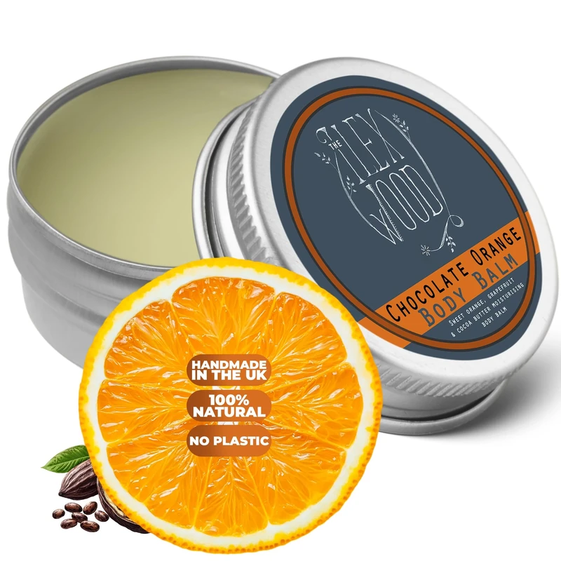 The Ilex Wood - Chocolate Orange Body Balm - 250ml. Orange and Cocoa Butter Vegan Body Balm. Organic Natural Moisturising Butter Cream. Handcrafted in UK. Cruelty Free, Palm Oil Free, Plastic Free.
