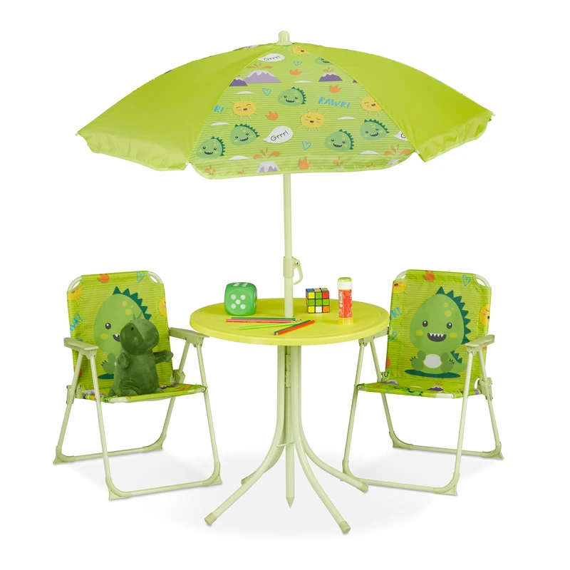 Relaxdays Children’s Camping Furniture Set with Parasol, Folding Chairs & Table, Kids’ Garden Ensemble, Monster, Green