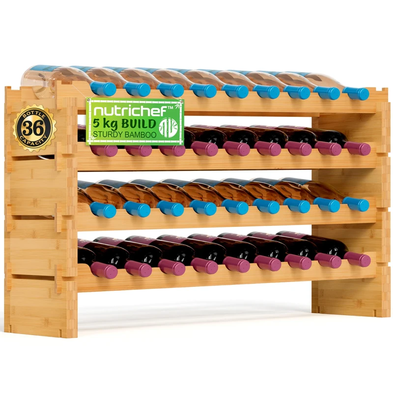 NutriChef Bamboo Wine Rack 4-Tier – Freestanding Wooden Bottle Storage Shelf for Kitchen or Cellar, Holds 36 Wine Bottles, Stackable Design, Easy No-Tool Assembly, 85 x 25 x 53cm