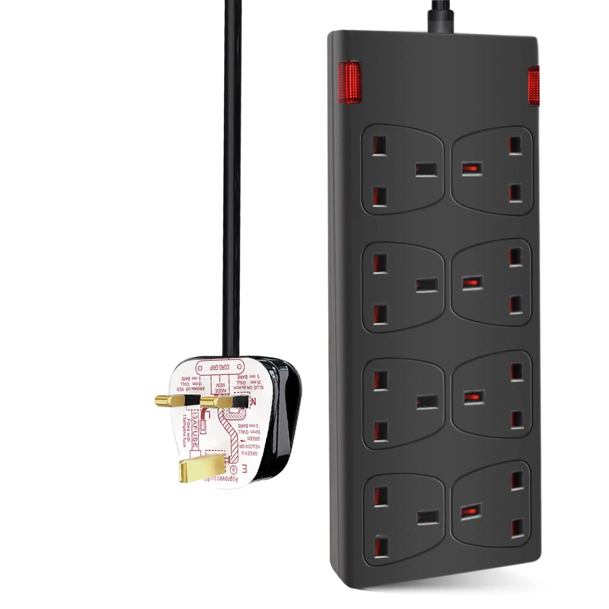 ExtraStar 8 Way Extension Lead 13A Fused Power Strips UK Plug with Indicator Light (1M, Black)