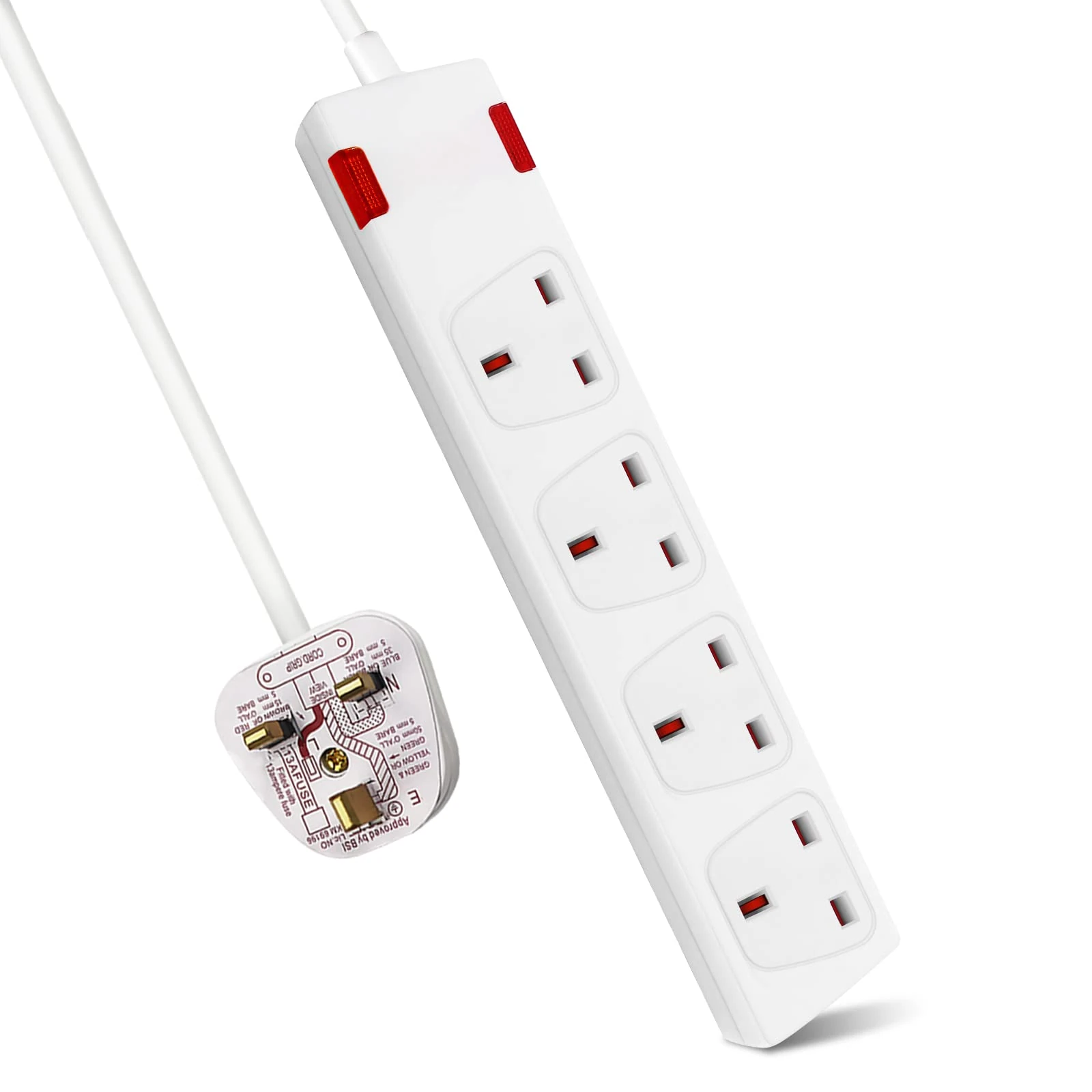 ExtraStar 4 Way Extension Lead 1M in White, 13A Fused Power Strips 3120W UK Plug with Indicator Light, Wall Mounted Mains Extension Cord with Multi Sockets for Home,Office,Dorm