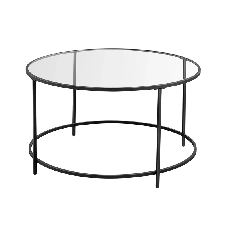 VASAGLE Round Coffee Table for Living Room, Glass Coffee Table with Metal Frame, Black LGT021B01