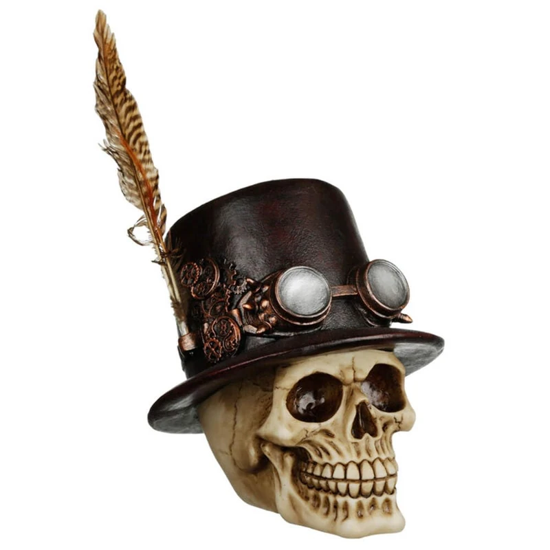 Puckator Steampunk Style Skull with Top Hat and Feathers - Home Decoration - Steampunk Skul - Ornaments - Resin - Home Accessories - Living Room Accessories - Human Skeleton - Goth Gifts For Men - Image 1