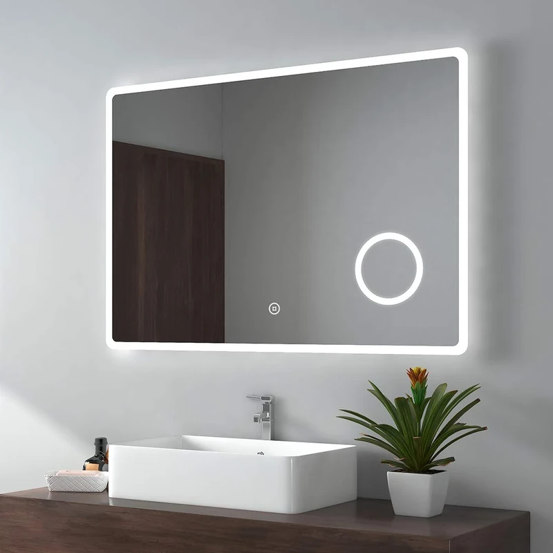 EMKE Backlit Illuminated Bathroom Mirror with Shaver Socket 1000x700mm, Wall Mounted Multifunction LED Bathroom Vanity Mirror with Touch Switch, Demister Pad and 3x Magnifier [Horizontal]