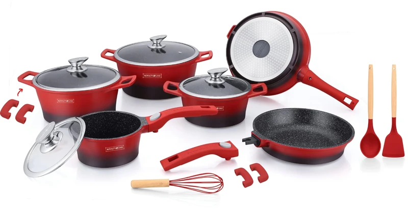 ROYALTY LINE, 17-Piece Cookware Set, Pressure-Cast Aluminium, Marble Coating, with Removable Silicone Handles, Compatible with All Heat Sources, 24-28 cm, Red