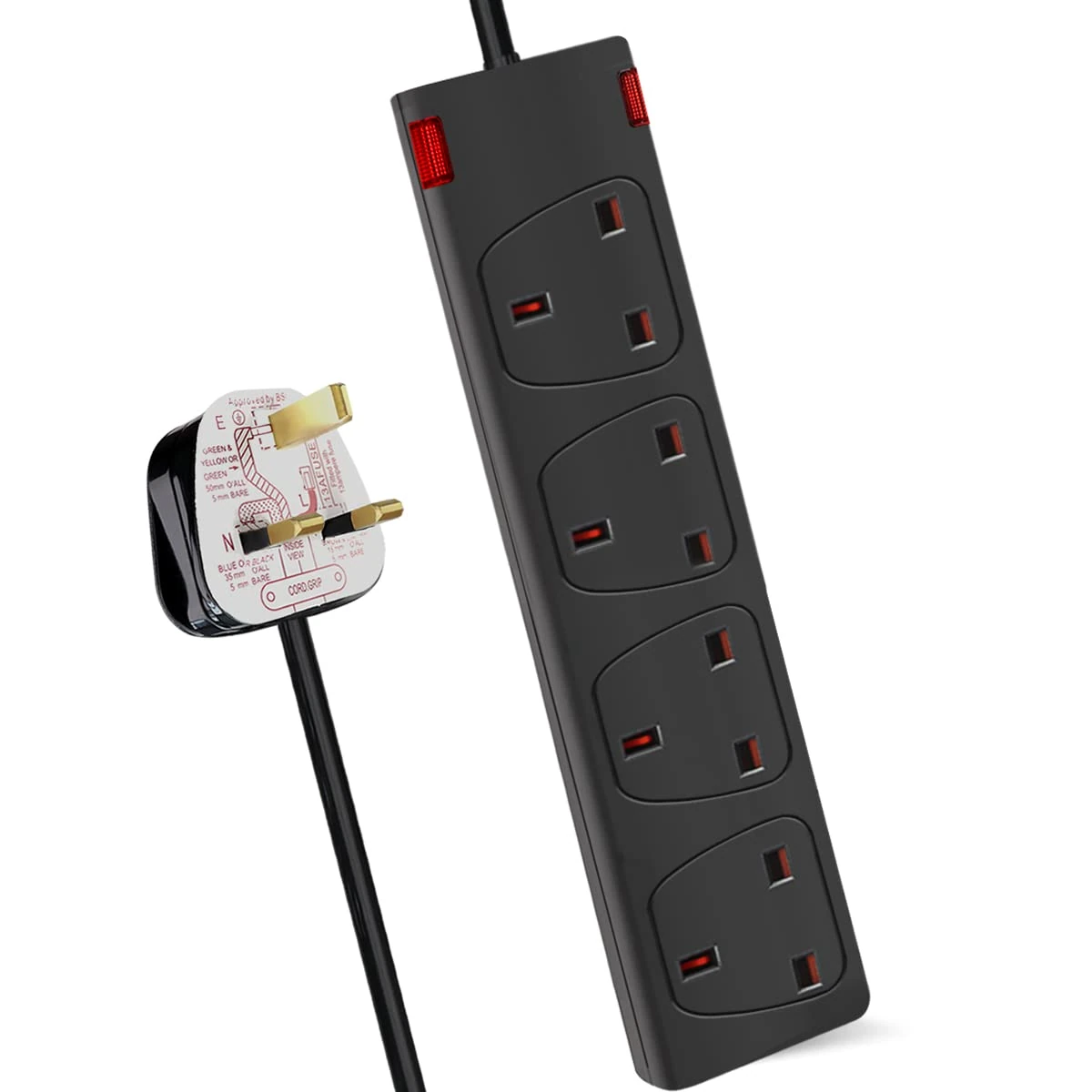 ExtraStar 4 Way Extension Lead 2M in Black, 13A Fused Power Strips 3120W UK Plug with Indicator Light, Wall Mounted Mains Extension Cord with Multi Sockets for Home,Office,Dorm
