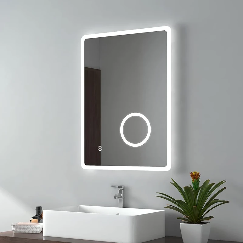 EMKE Backlit Illuminated Bathroom Mirror with Shaver Socket 500x700 mm, Wall Mounted Multifunction LED Bathroom Vanity Mirror with Touch Switch, Demister Pad and 3x Magnifier [Vertical]