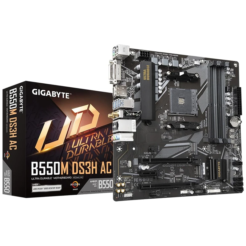 Gigabyte B550M DS3H AC Motherboard - Supports AMD Ryzen 5000 Series AM4 CPUs, 5+3 Phases Pure Digital VRM, up to 4733MHz DDR4 (OC), 2xPCIe 3.0 M.2, GbE LAN, USB 3.2 Gen1 - Image 1