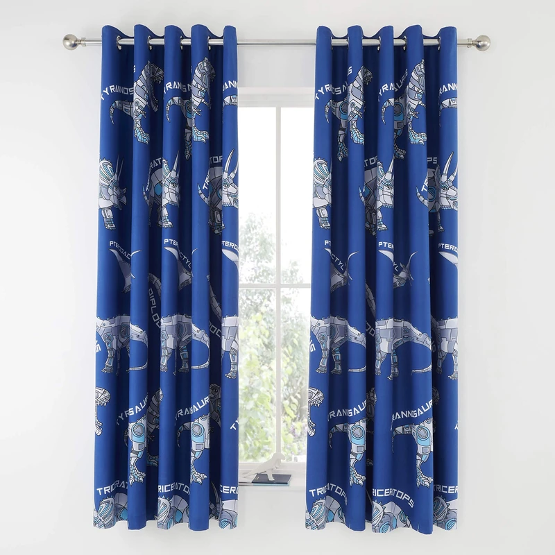 Catherine Lansfield Kids Dinobot Blackout Eyelet Curtains 66X72 Inch Blue - Image 1