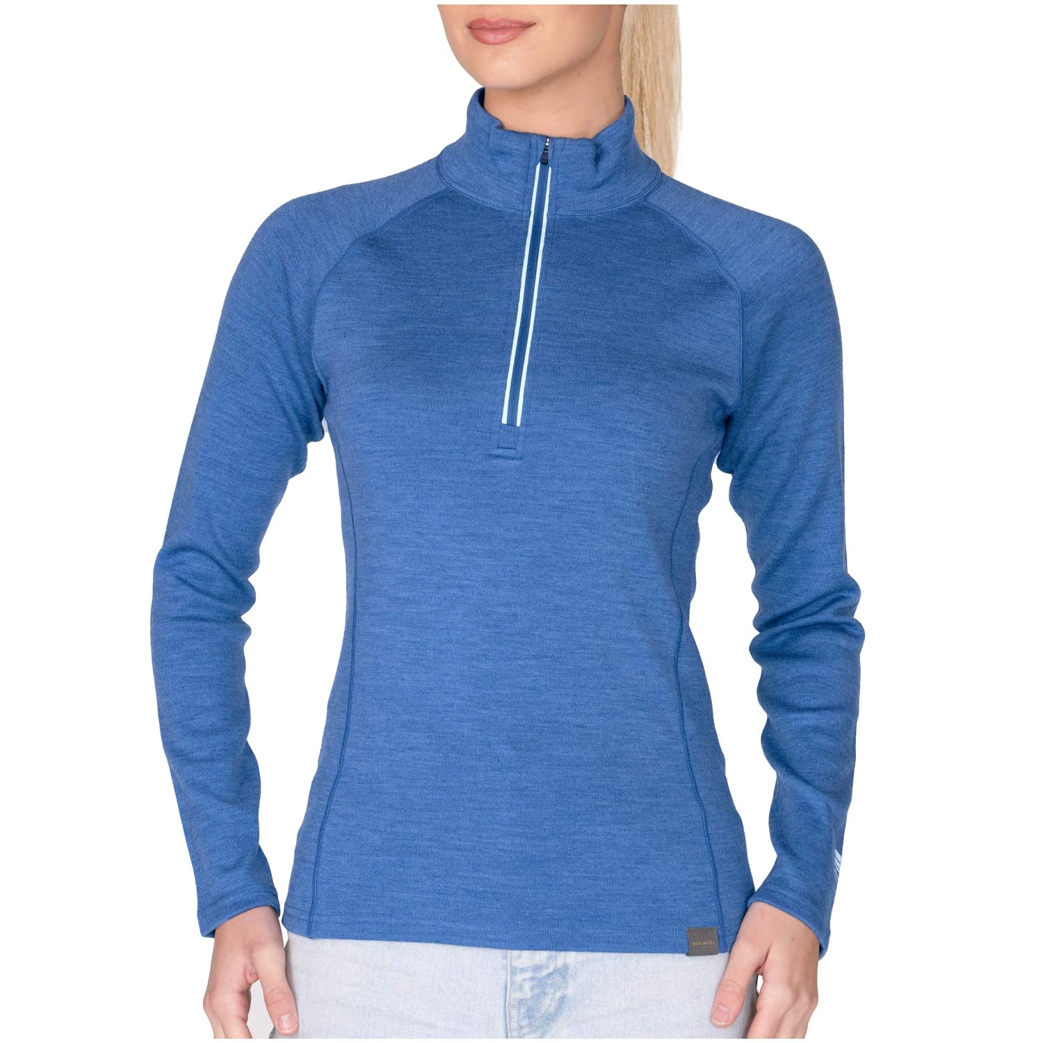 MERIWOOL Women's Half Zip Base Layer Top 400g Heavyweight Merino Wool Sweater Small Sky Heather