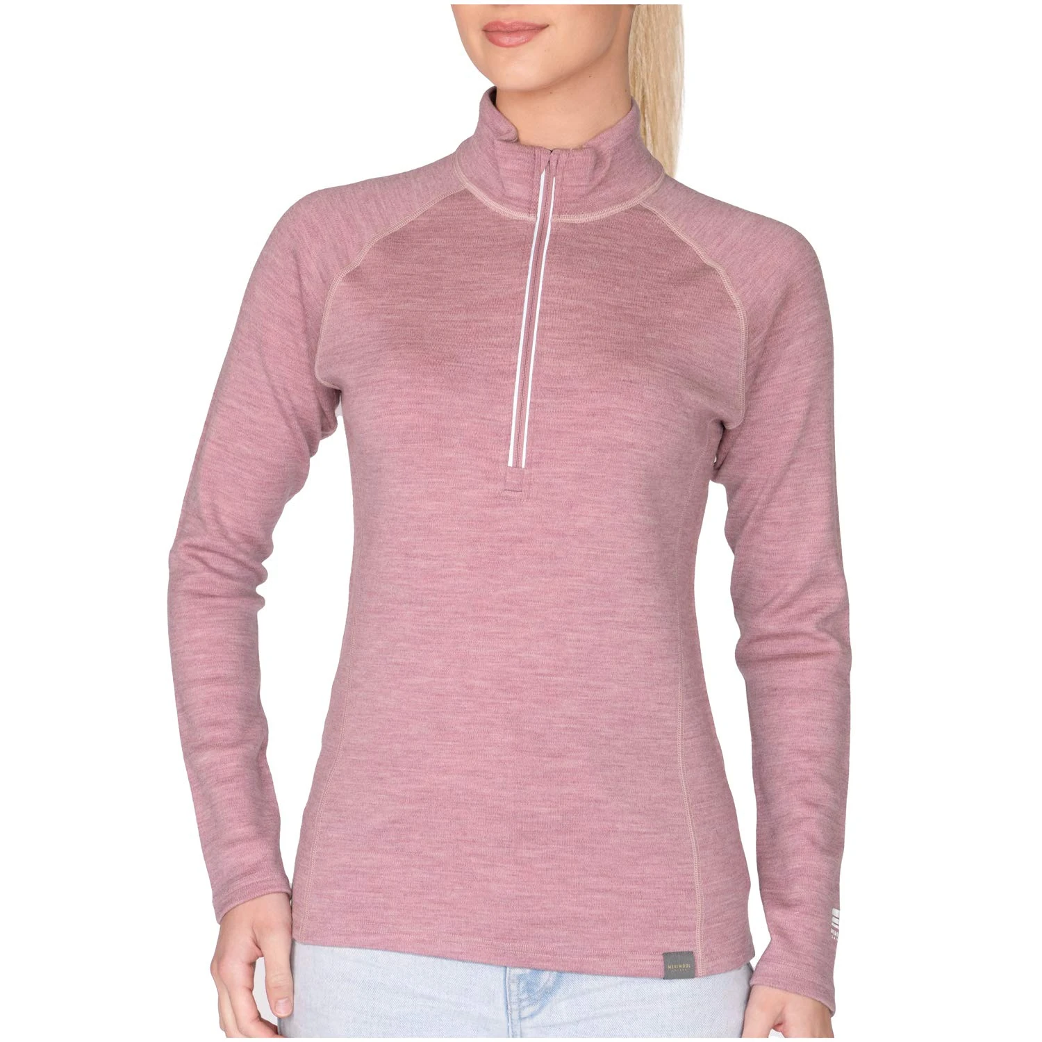 MERIWOOL Women's Half Zip Base Layer Top 400g Heavyweight Merino Wool Sweater Extra Small Pink Heather