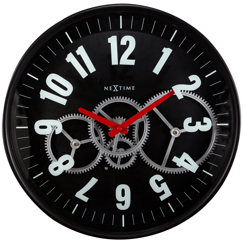 NexTime - Wall clock – Ø 36cm - Metal & Glass- Black - 'Modern Gear Clock'