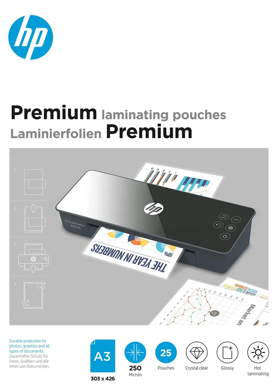 HP Premium Laminating Pouches, A3, 250 Micron, Pack of 25