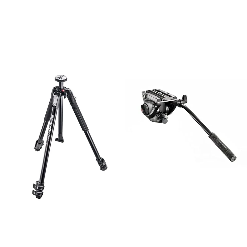 Manfrotto 190X Aluminium 3 Section Tripod & MVH500AH, Lightweight Fluid Video Head with Flat Base, Sliding Plate for Rapid Camera Connection, Supports Multiple Tripods