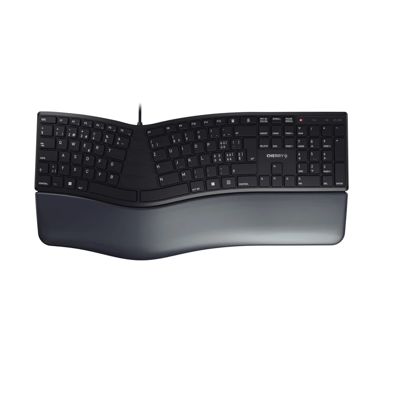 CHERRY KC 4500 ERGO, Ergonomic Keyboard, Swiss Layout (QWERTZ), Wired, Padded Palm Rest with Memory Foam, Curved Keypad, Black
