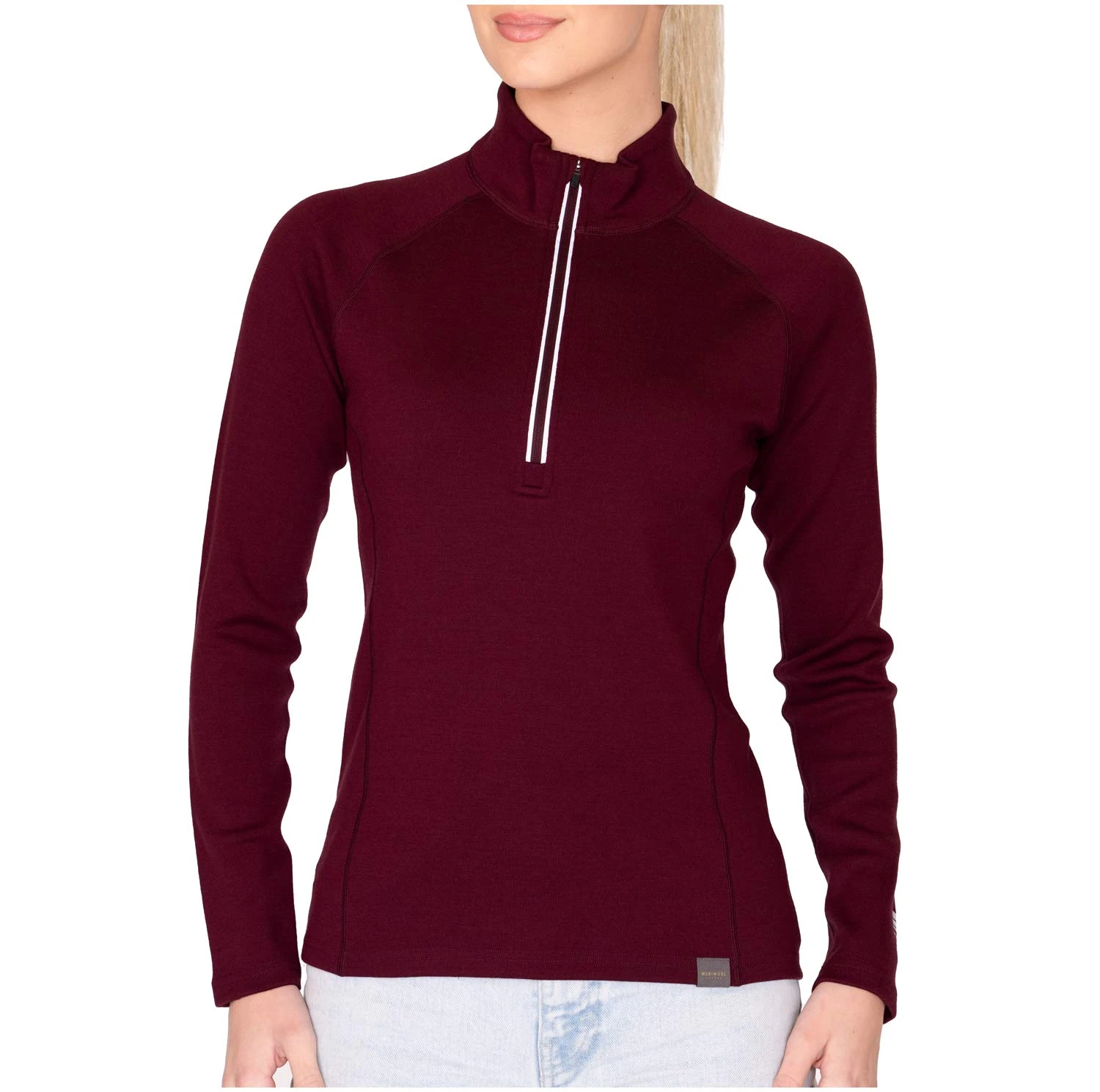 MERIWOOL Women's Half Zip Base Layer Top 400g Heavyweight Merino Wool Sweater Extra Small Wine