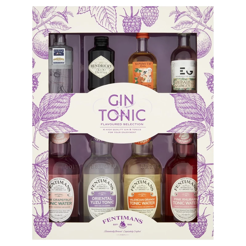 Fentimans Flavoured Tonics (4x200ml) & 4x5cl Gins Selection Gift Box. Contains: Sipsmith Orange, Edinburgh Gin's Rhubarb & Ginger Liqueur, Hendricks, and Martin Miller's