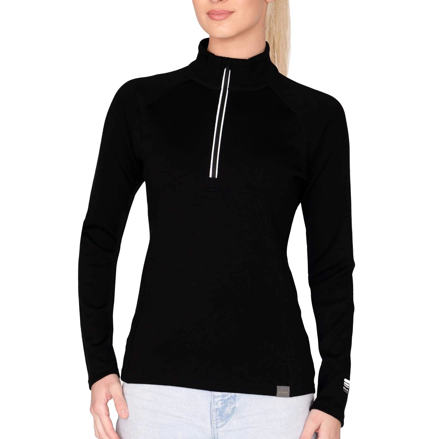 MERIWOOL Women's Half Zip Base Layer Top 400g Heavyweight Merino Wool Sweater Small Black