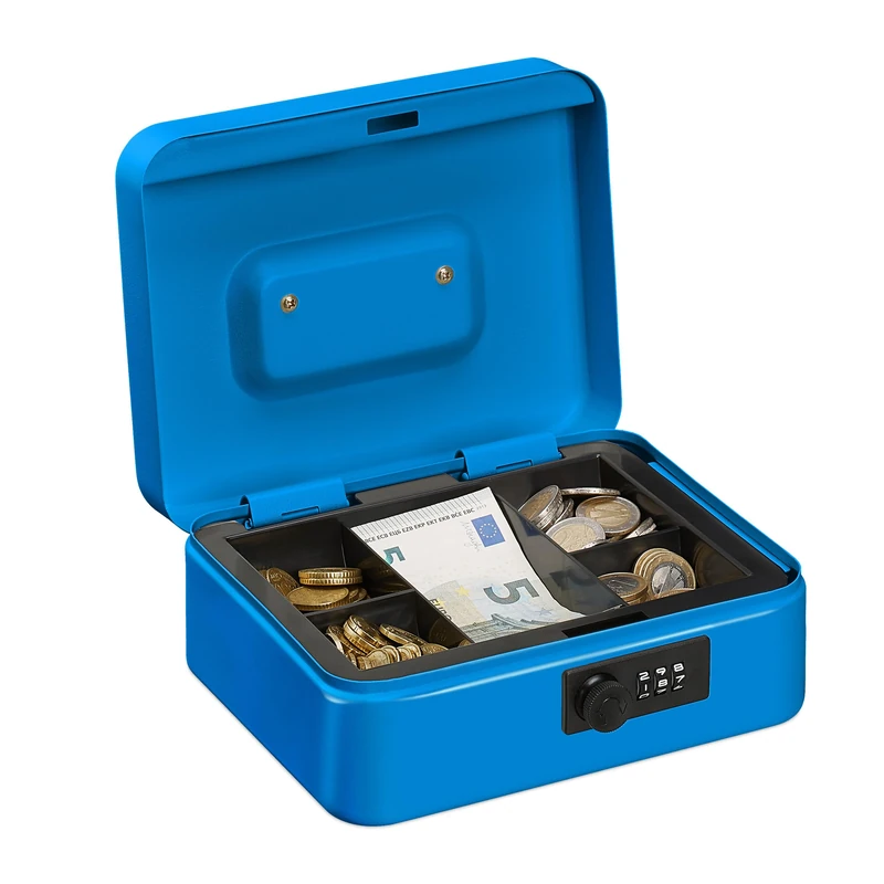 Relaxdays Cash Box, Coin Counter Tray Combination Lock Change & Notes, Steel, H x W x D: 8.5 x 20 x 17 cm, Blue, 60% Iron 30% Plastic 10%