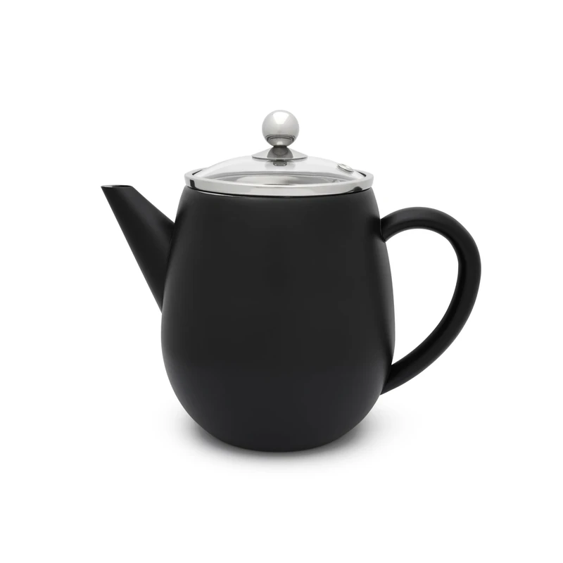 Small Black Double-Walled Stainless Steel Teapot 1.1 litres with Filter Strainer for Preparation of Loose Tea