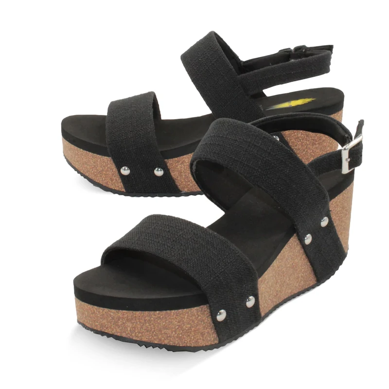 VOLATILE Women's Summerlove Wedge Sandal, Black Linen, 8 UK