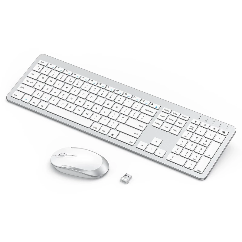 seenda Wireless Keyboard and Mouse Rechargeable, SK38-3 Ultra Slim Quiet USB Keyboard and Mouse Set for Windows Laptop PC Computer, Full-Size QWERTY UK Layout, Silver and White